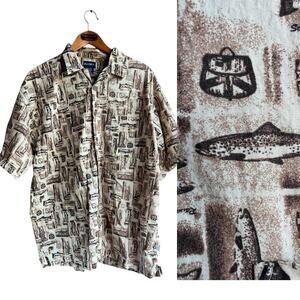 Puritan Mens Shirt Size L Brown Button Up Trout Fish AOP Logo Short Sleeve 90s